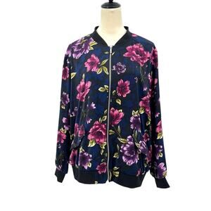 QVC Susan Graver Plus Pink Purple Navy Floral Full Zip Pockets Bomber Jacket